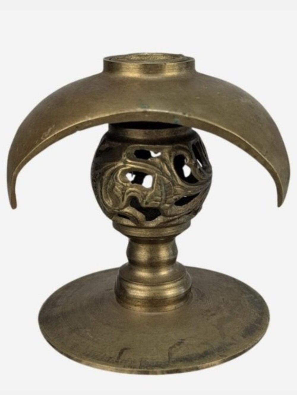 Vintage Brass Crescent Moon Incense Burner Holder Reticulated Sphere Altar